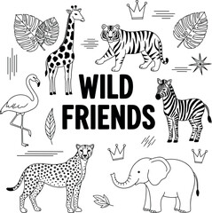 Wild friends safari animal vector set featuring hand drawn giraffe tiger elephant zebra cheetah and flamingo line art for kids educational activities. © Md