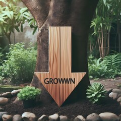 wooden downwards arrow for growing business isolated in garden