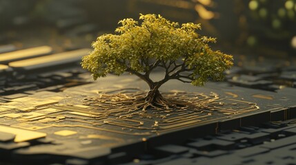A small tree with vibrant green leaves and gold roots growing from a circuit board