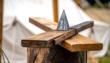 Close-up of a vintage metal funnel on a wooden anvil.