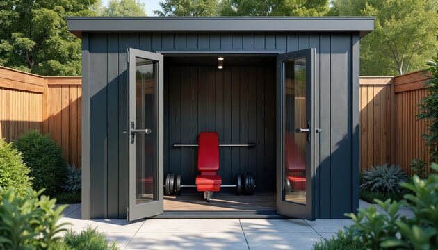 Dark garden shed with open glass doors reveals red weight bench and barbell inside. This backyard structure is set amongst green plants and wooden fence creating private home gym space.