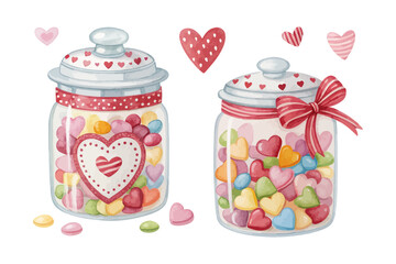 Watercolor Sweet Candy Jar with Hearts Valentine Treat Icon vector illustration isolated on white background