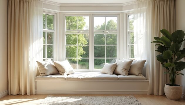 Bright room with bay window featuring seat cushion pillows curtains. Sunlight streams onto wood floor near large green potted plant. Clean modern home interior provides cozy relaxing atmosphere.
