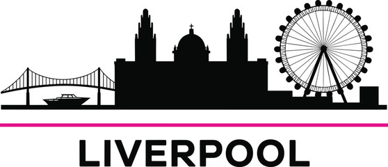 Fototapeta premium Liverpool skyline silhouette vector illustration, famous landmarks cityscape with cathedral, ferris wheel, bridge, modern urban travel tourism design isolated on white background, England UK