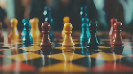 Colorful chess pieces arranged on a checkered board