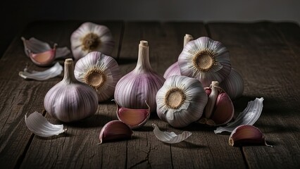 Garlic Bulbs and Cloves on Wooden Table.