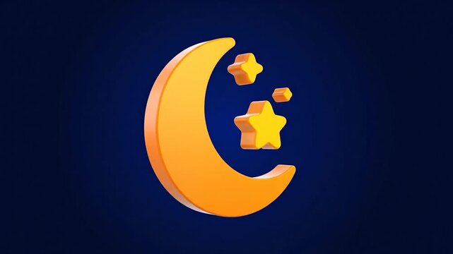 3D illustration of a golden crescent moon with three stars on a dark blue background with a white space below.