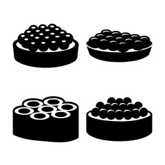 Four distinct black and white silhouettes illustrating popular japanese sushi and roe preparations © Atique