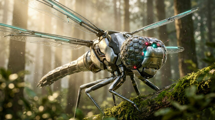Robot dragonfly sits on a log in the forest during the daytime with light filtering through trees