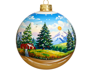 Round ornament depicting a festive winter landscape with mountains