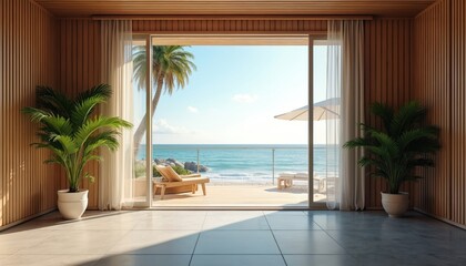 Naklejka premium Modern interior room with large glass doors opening to tropical beach, ocean view. Wooden walls, potted plants, empty sun loungers. Perfect vacation home.