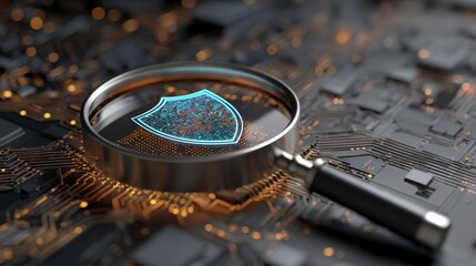 A magnifying glass focuses on a shield, overlaid on a circuit board design. The image emphasizes digital security and protection
