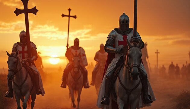 Knights Templar on horseback ride through dusty terrain carrying crosses. Warriors in armor follow holy symbol during fiery sunset. Group advances towards distant figures.