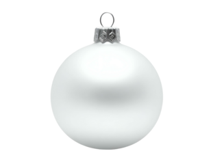 A single, matte white spherical ornament hangs by its silver cap