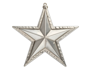 Polished metallic five-pointed star ornament with textured edge