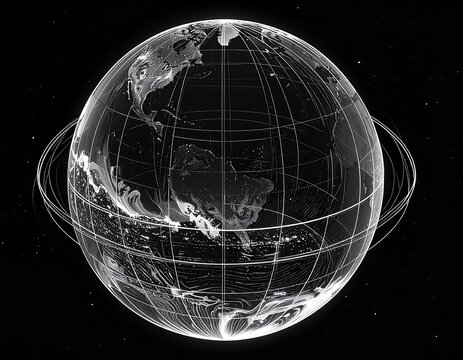 Transparent, grayscale rendering of planet Earth with continents, lights, and lines