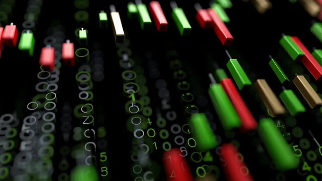 Candlestick charts appear on a screen showing various colors. Green bars indicate price increases while red bars show decreases. Numbers in the background reflect market data
