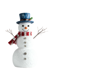 Festive snowman in blue hat, striped scarf, and twig arms