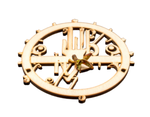 Intricate wooden circular emblem with floral accent