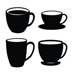Collection of minimalist black silhouettes depicting various coffee and tea cups and mugs