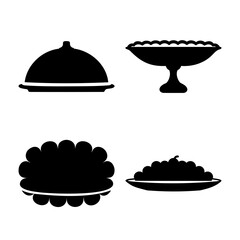 A set of black silhouettes illustrating various food serving dishes and dinnerware