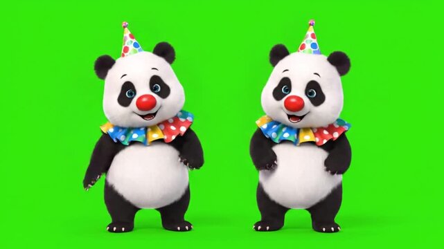 Two cheerful animated panda characters dancing together in front of a bright green screen wearing playful clown costumes cute cartoon style smooth motion high quality lighting clean edges joyful perfo