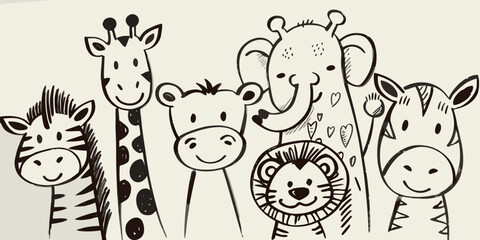 Charming hand drawn illustration of a playful group of african safari animals © Piku