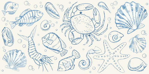 A beautiful sketch of various marine life and seashells in blue tones © Piku