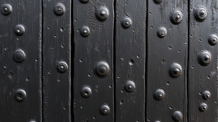 Fototapeta premium Dark, textured wooden planks with circular metal studs