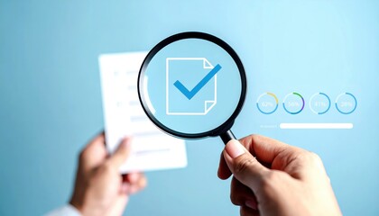 Magnifying Glass Over Document Illustration with Checkmark Symbol and Progress Bar for Quality Control and Verification Process