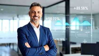 Confident Businessman in Suit Standing in Modern Office with Financial Graphs and Data Visualizations in Background, Professional and Successful Atmosphere