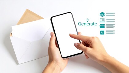 Modern workspace with smartphone showing blank screen in hand, next to envelope, digital generation tools, and AI technology concept for creative professionals