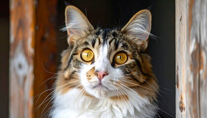 Close-up portrait of a beautiful Maine Coon cat with striking yellow eyes.
