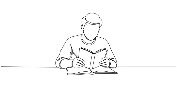 Continuous one line drawing of a student reading a book, symbolizing citizenship education, line art style vector illustration.