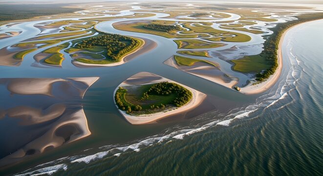 Aerial view of river delta with islands and sandy beaches