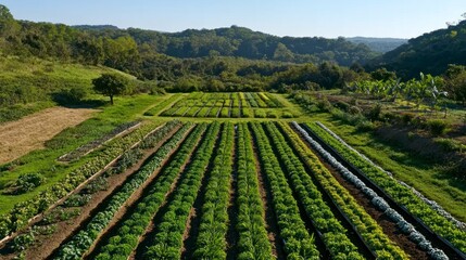 Aerial view of a diverse, meticulously organized vegetable garden, with rows of various crops
