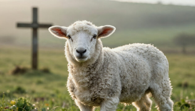 Lamb of God with Wooden Cross in Background - Easter Symbol