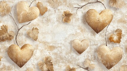 Beige hearts and leaves on textured background