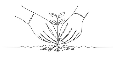 Fototapeta premium Continuous one line drawing of a hand planting seedlings into the soil, depicting the urban greening movement, line art style vector illustration.