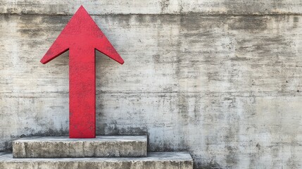 Red arrow pointing up against weathered concrete steps