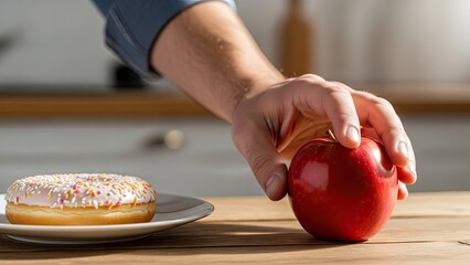 Hand Reaching for Red Apple on Table.