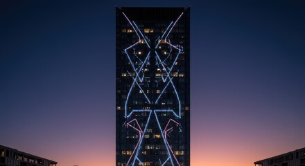 Modern skyscraper at twilight, illuminated with intricate light patterns