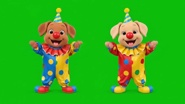 Two animated dog clowns dancing playfully with energetic movements in front of a vivid green screen fantasy cartoon style smooth animation high quality production colorful costumes no noise

