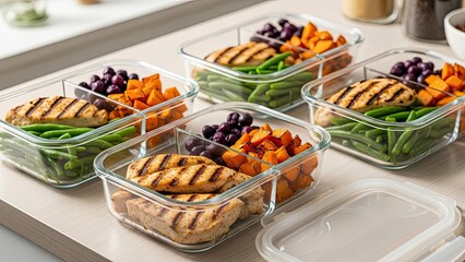 Healthy Meal Prep Containers with Grilled Chicken and Vegetables.