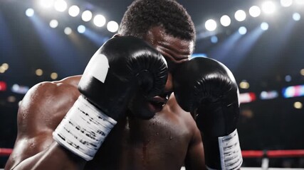 A muscular boxer in the ring, gloves up, sweat glistening. Intense focus shown. Dramatic lighting