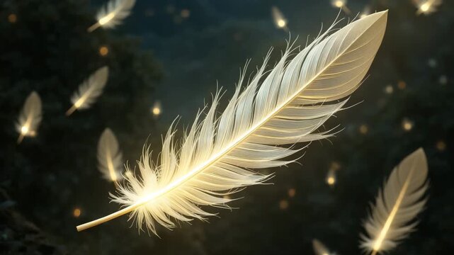 White feather floating on blue and black backgrounds with soft texture and delicate details