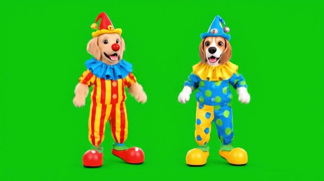 Festive animated dog duo dancing happily in clown costumes on a pure green screen fun cartoon animation dynamic poses smooth camera feeling high quality render clean background no noise
