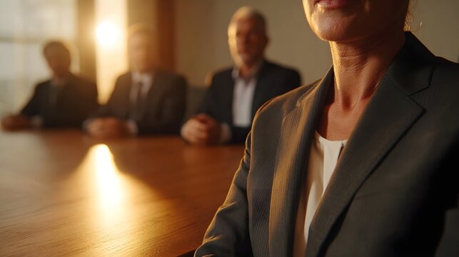 Executives in a business meeting illuminated by warm sunlight in a boardroom - Powered by Adobe