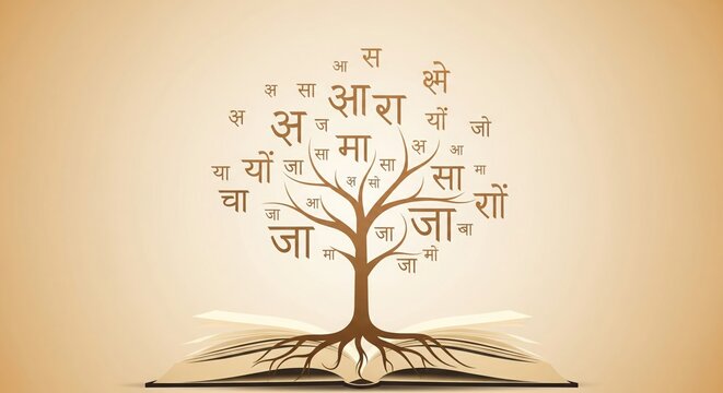 Open book transforming into knowledge tree with Devanagari letters