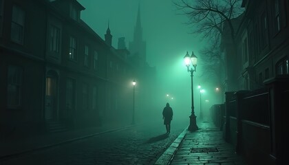 Lone figure walks down cobblestone street at night through dense fog. Ornate streetlights cast eerie green glow on historic buildings and wet pavement. Spire of church looms in misty background.